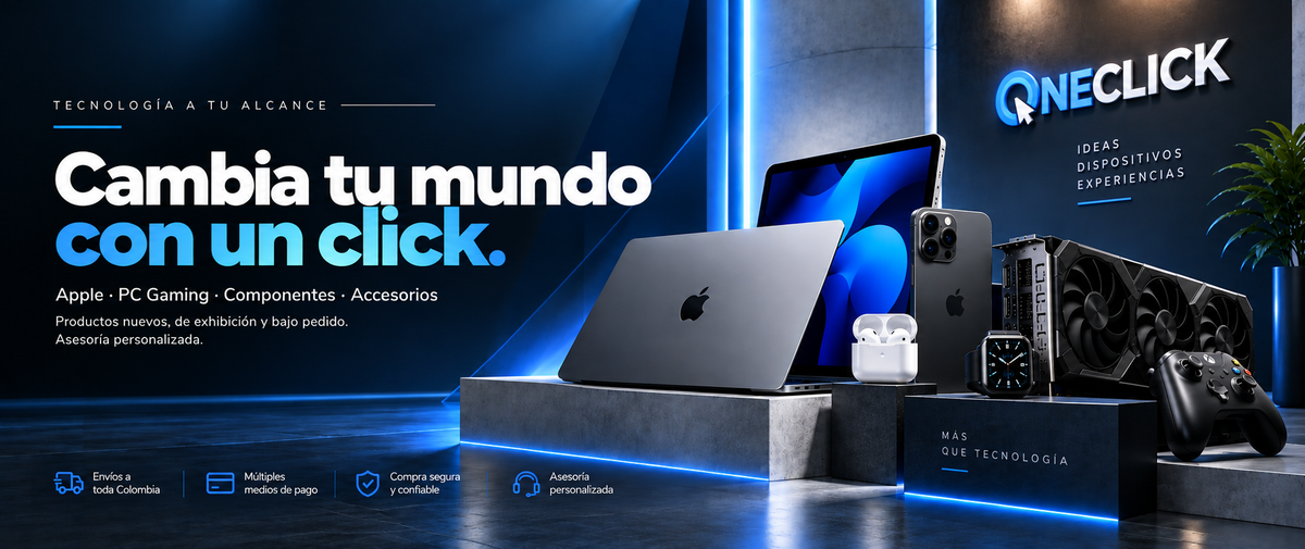 MacBook, iPhone, AirPods y tarjetas gráficas sobre un pedestal con luces azules